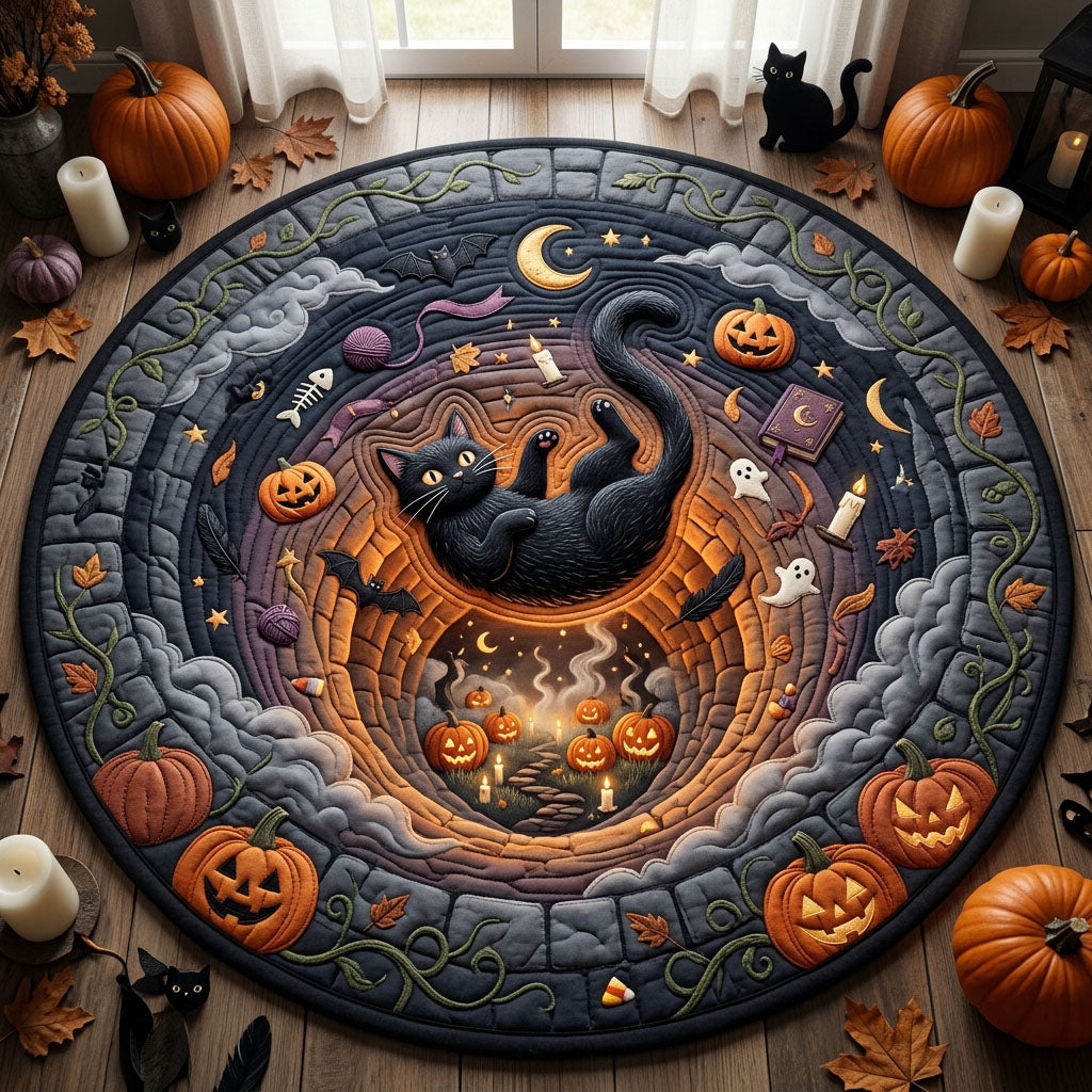 Cat Falling Into Pumpkin Vortex Quilted Round Mat GFTOPND920
