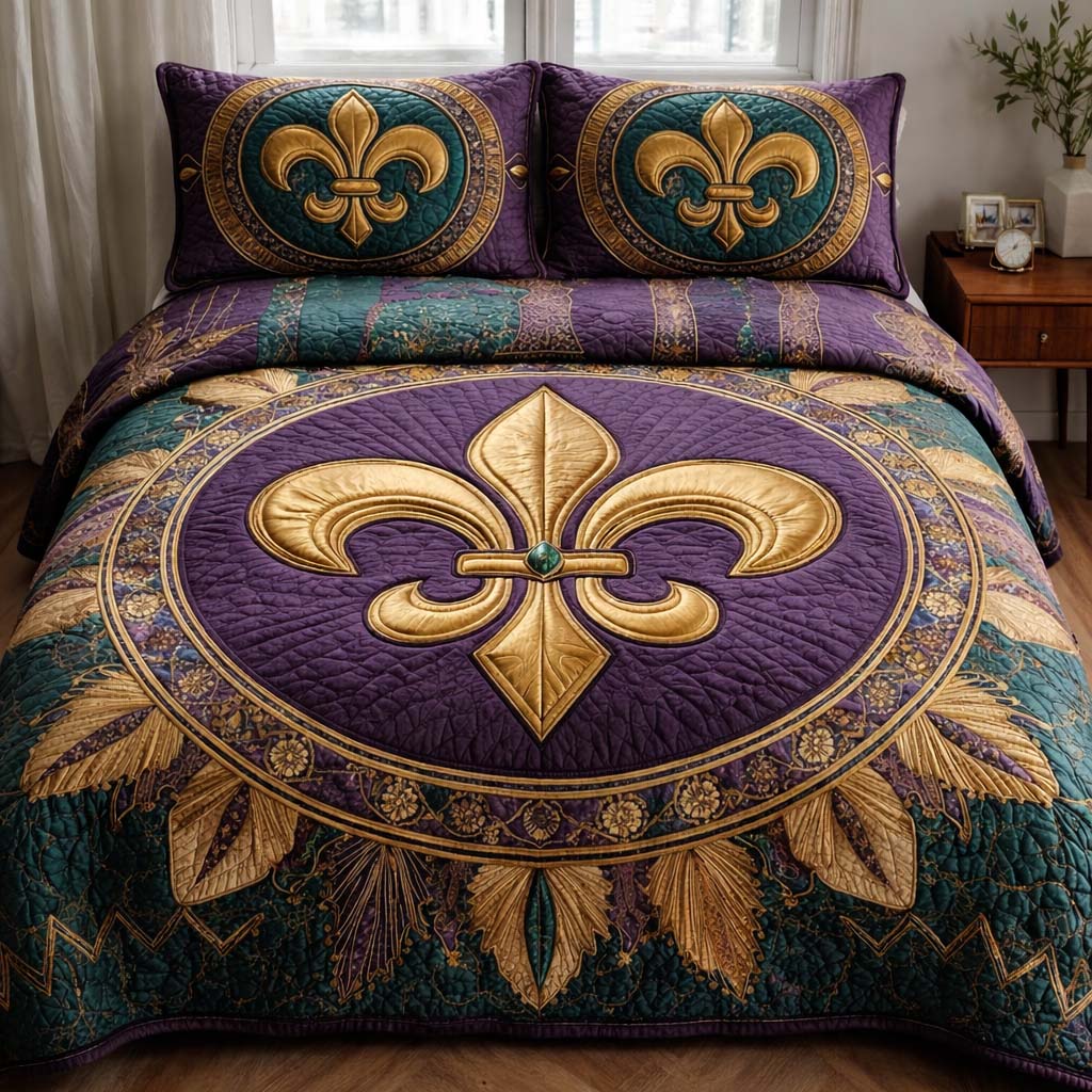 Mardi Gras Fleur 3-Piece Quilted Bedding Set GFTOQA1342