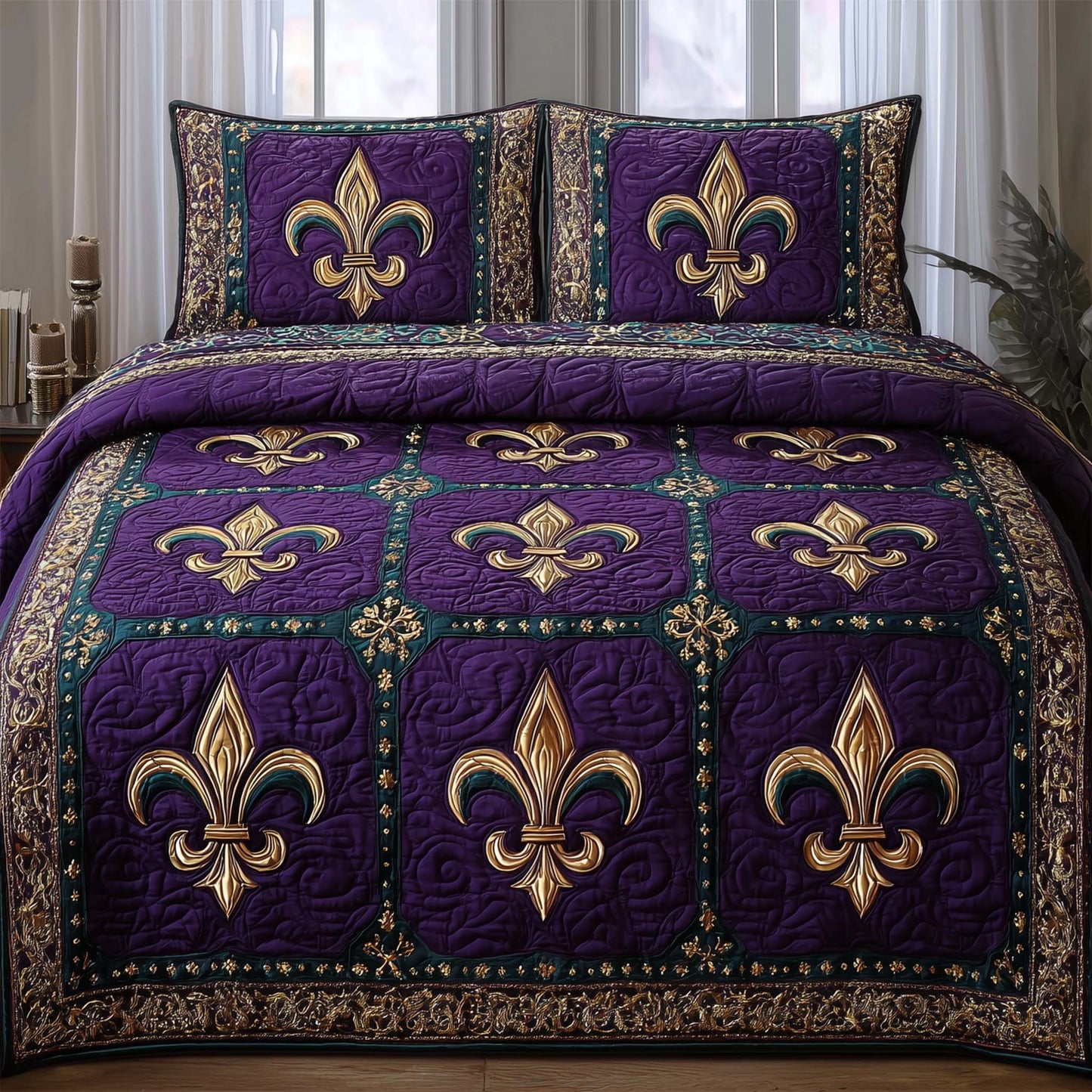 Mardi Gras Fleur 3-Piece Quilted Bedding Set GFTOQA1347