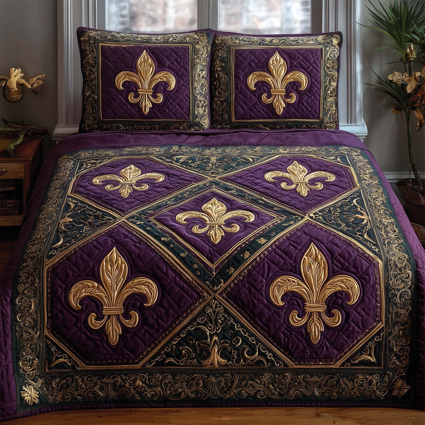 Mardi Gras Fleur 3-Piece Quilted Bedding Set GFTOQA1348