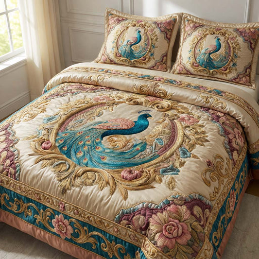 Elegant Peacock 3-Piece Quilted Bedding Set GFTOQA1533