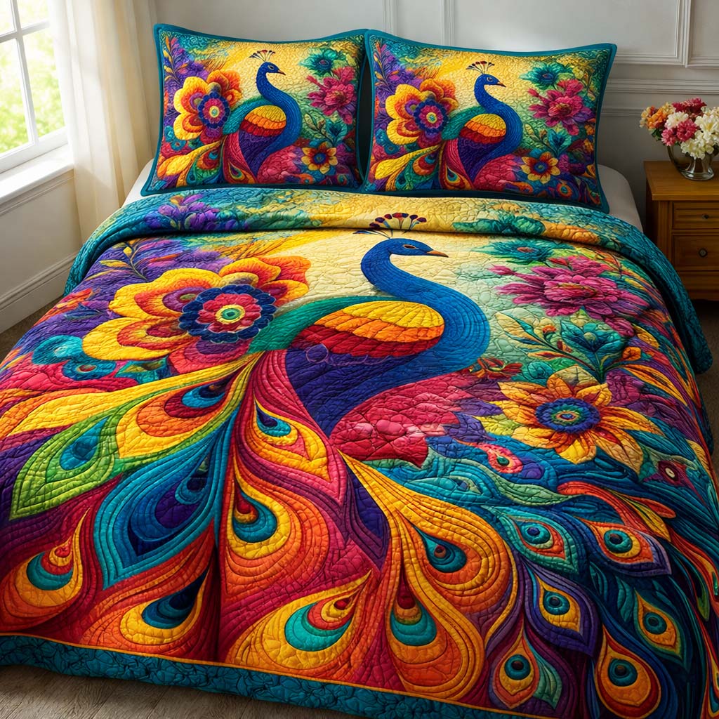 Colorful Peacock 3-Piece Quilted Bedding Set GFTOQA1542