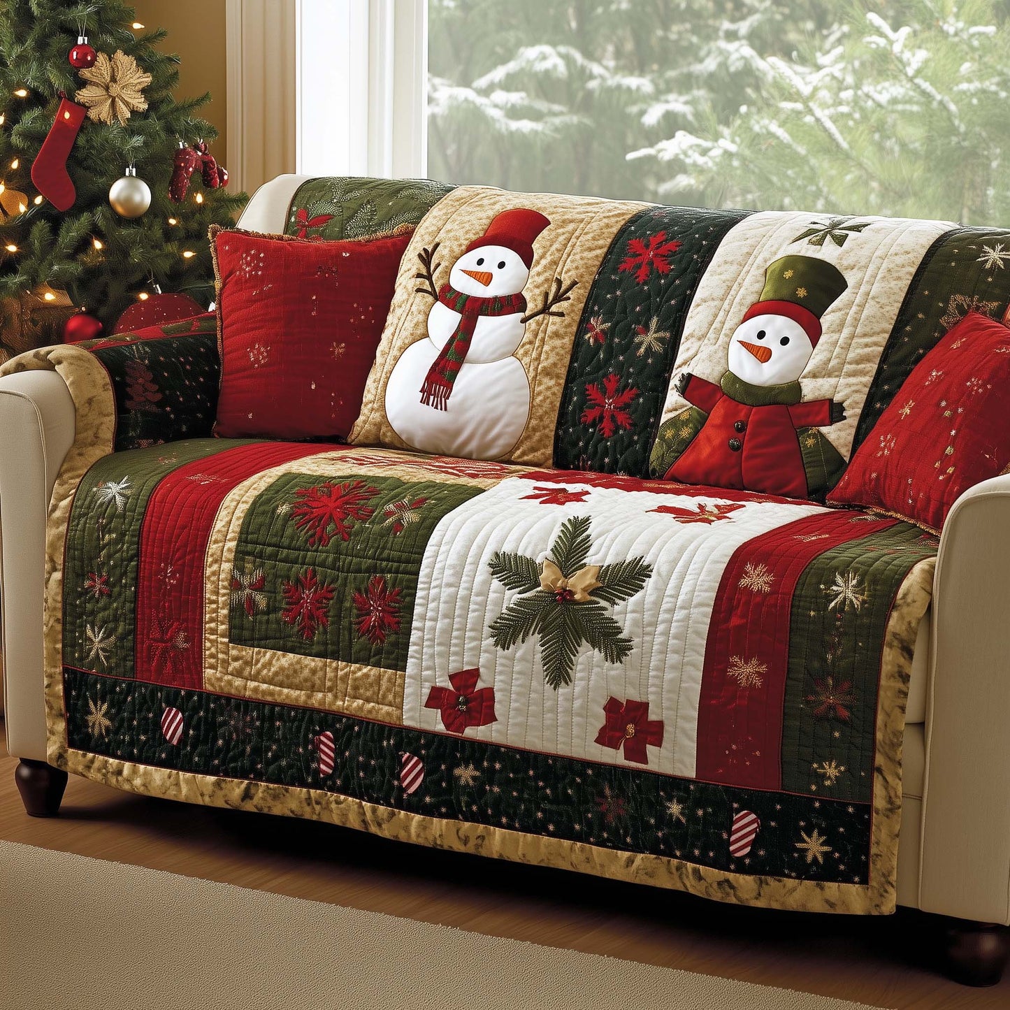 Snowman Patch Quilted Sofa Cover GFTOQA223