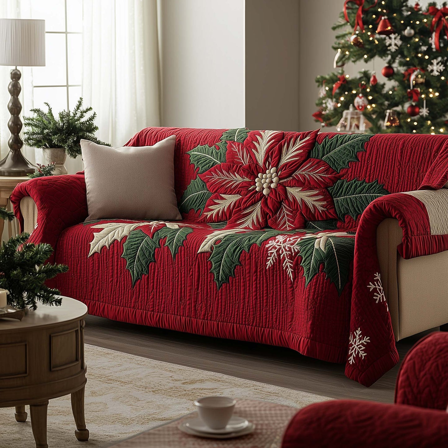 Festive Poinsettia Quilted Sofa Cover GFTOQA349