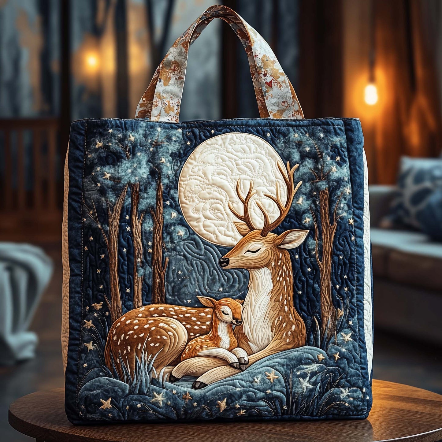 Moonlit Reindeer Quilted Tote Bag GFTOQA918