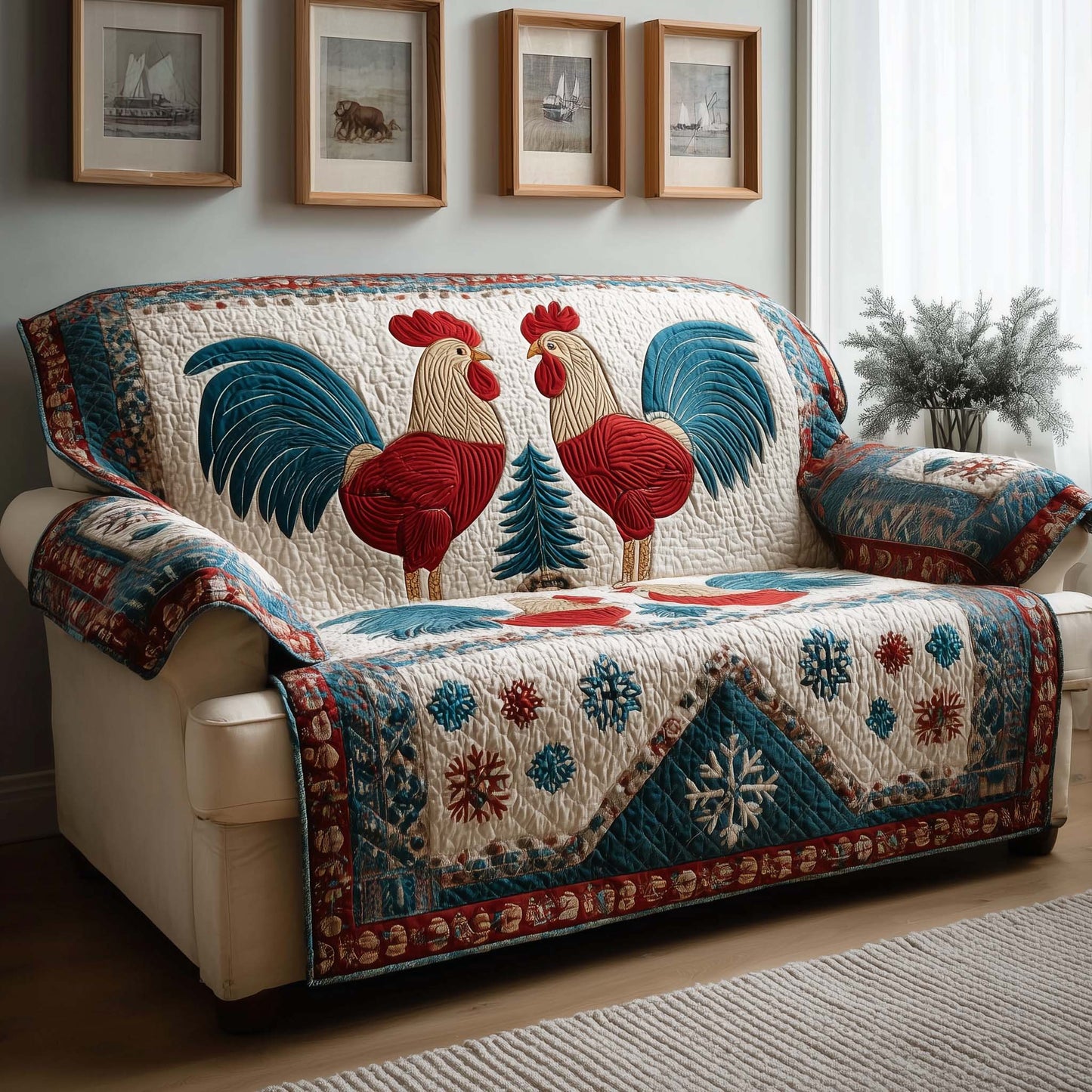 Winter Roosters Quilted Sofa Cover GFTOQM1333