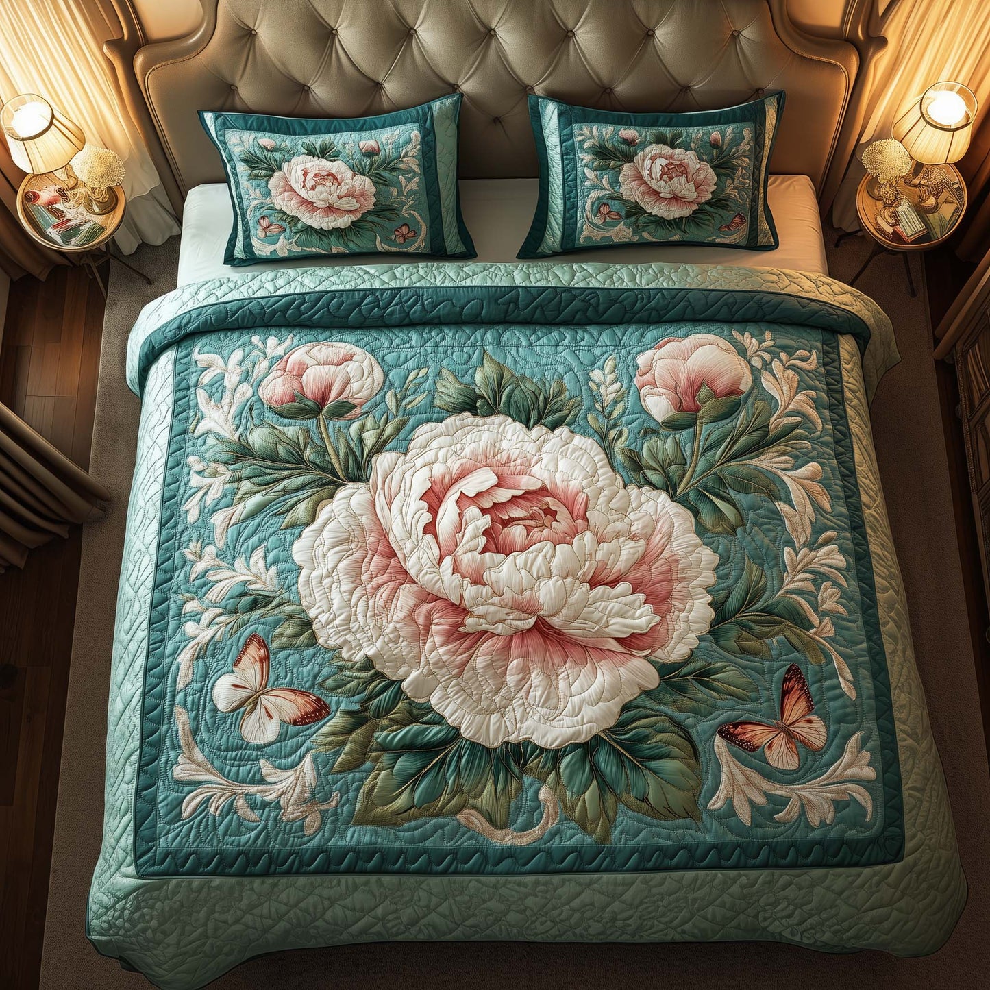 Garden Peony 3-Piece Quilted Bedding Set GFTOQM1501