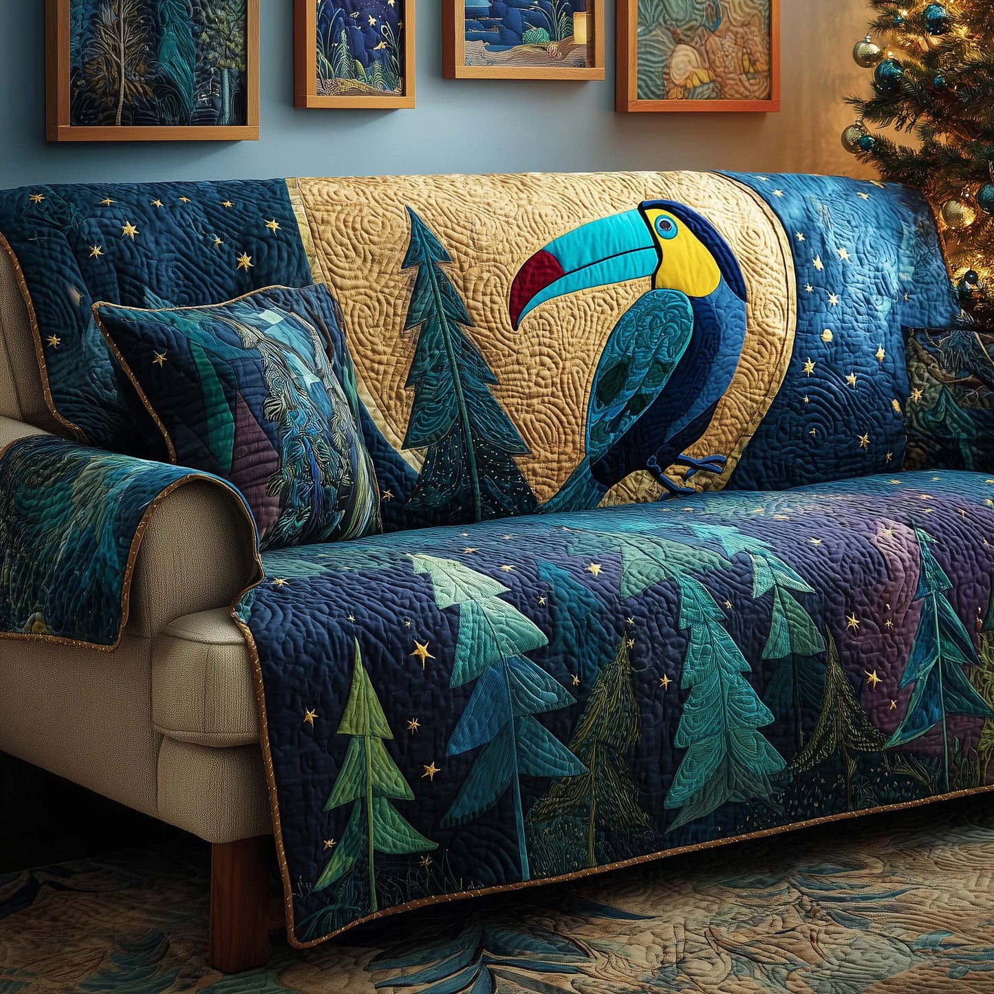 Forest Taucan Quilted Sofa Cover GFTOQM1567