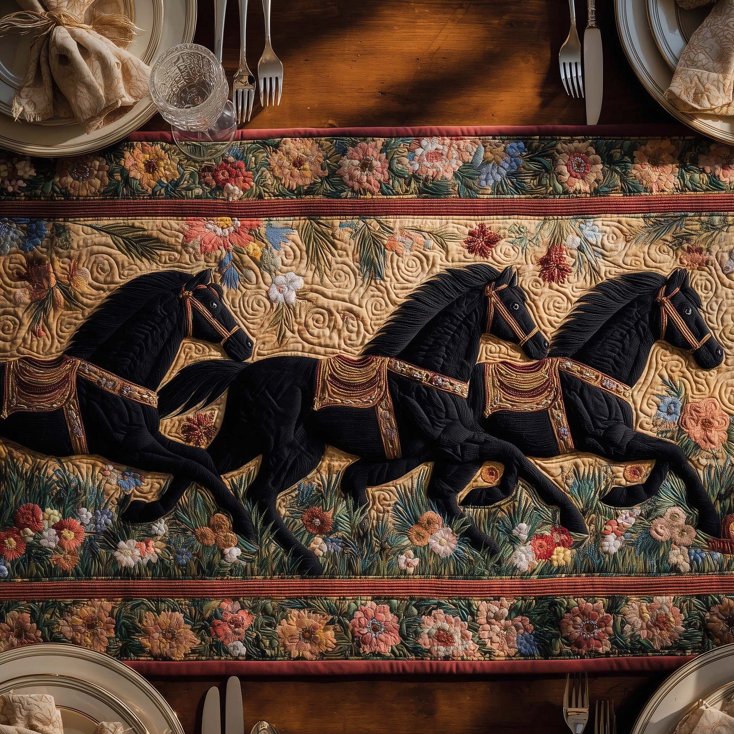 Floral Stallions Quilted Table Runner GFTOQM1585