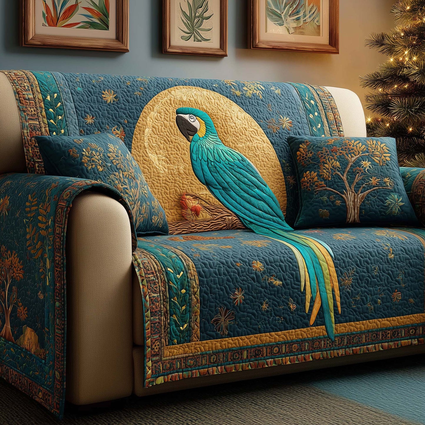 Teal Macaw Quilted Sofa Cover GFTOQM1605
