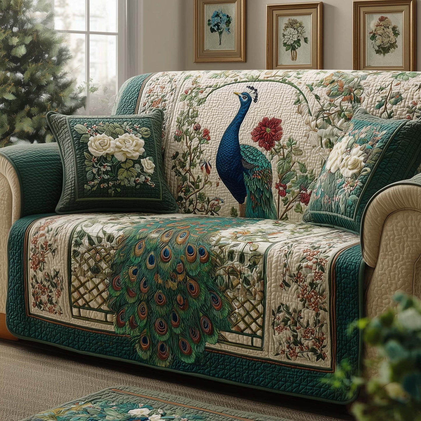 Garden Peacock Quilted Sofa Cover GFTOQM1612
