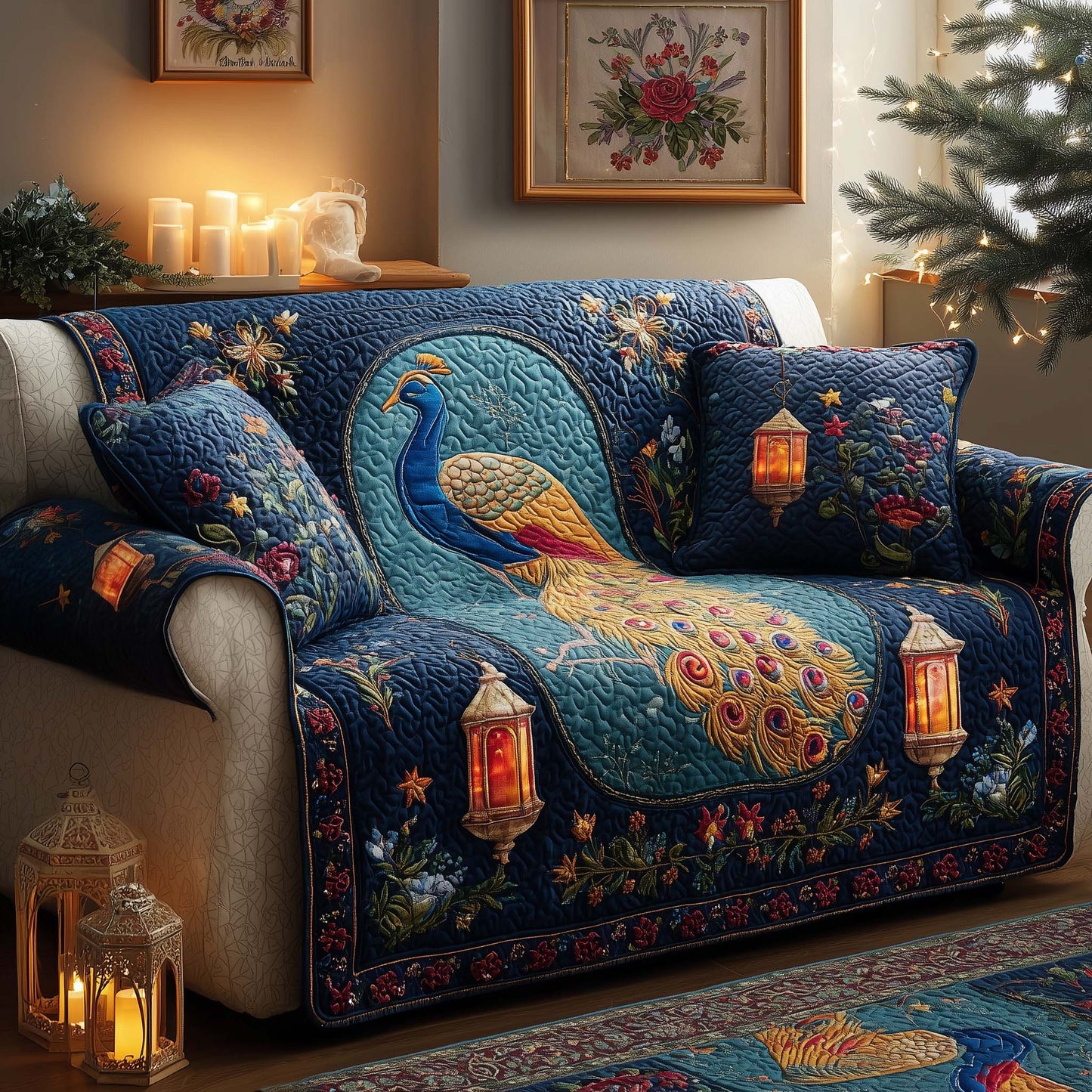 Lantern Peacock Quilted Sofa Cover GFTOQM1613
