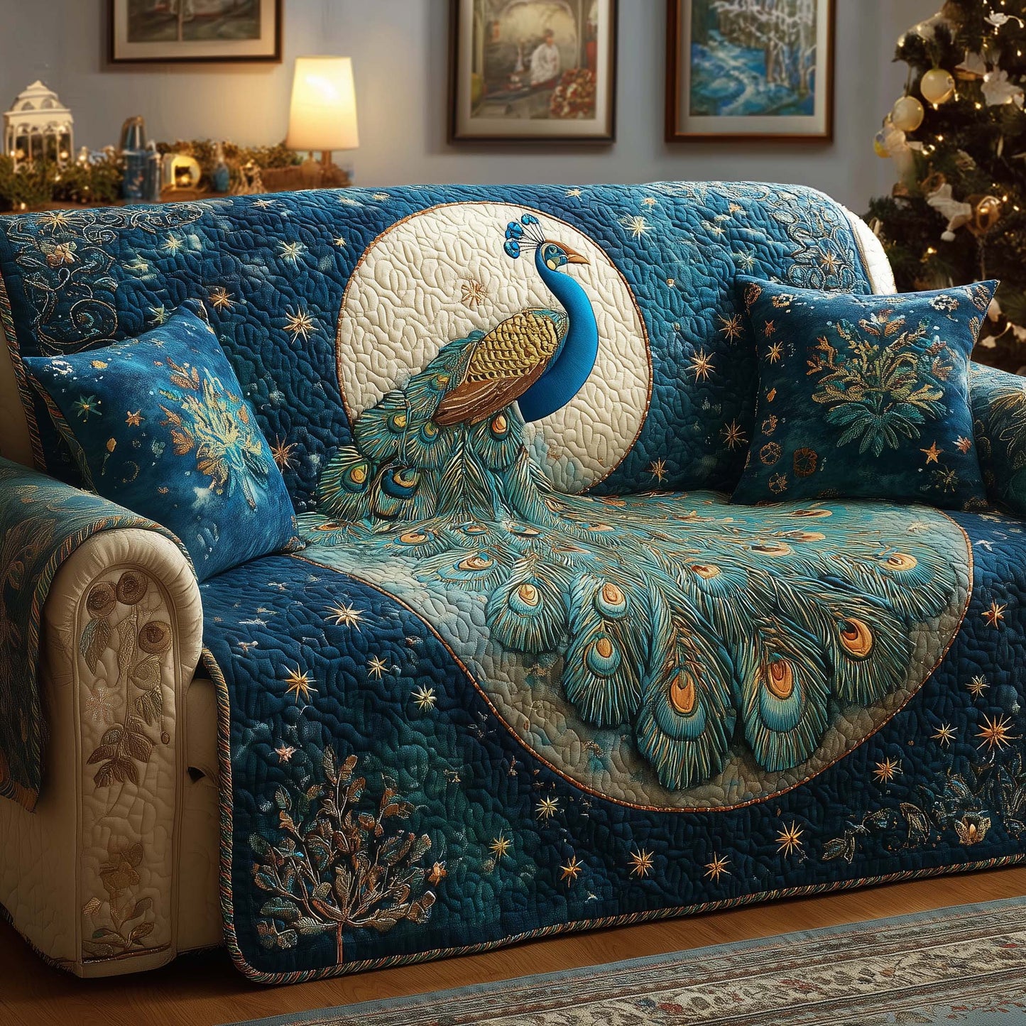 Moonlit Peacock Quilted Sofa Cover GFTOQM1614