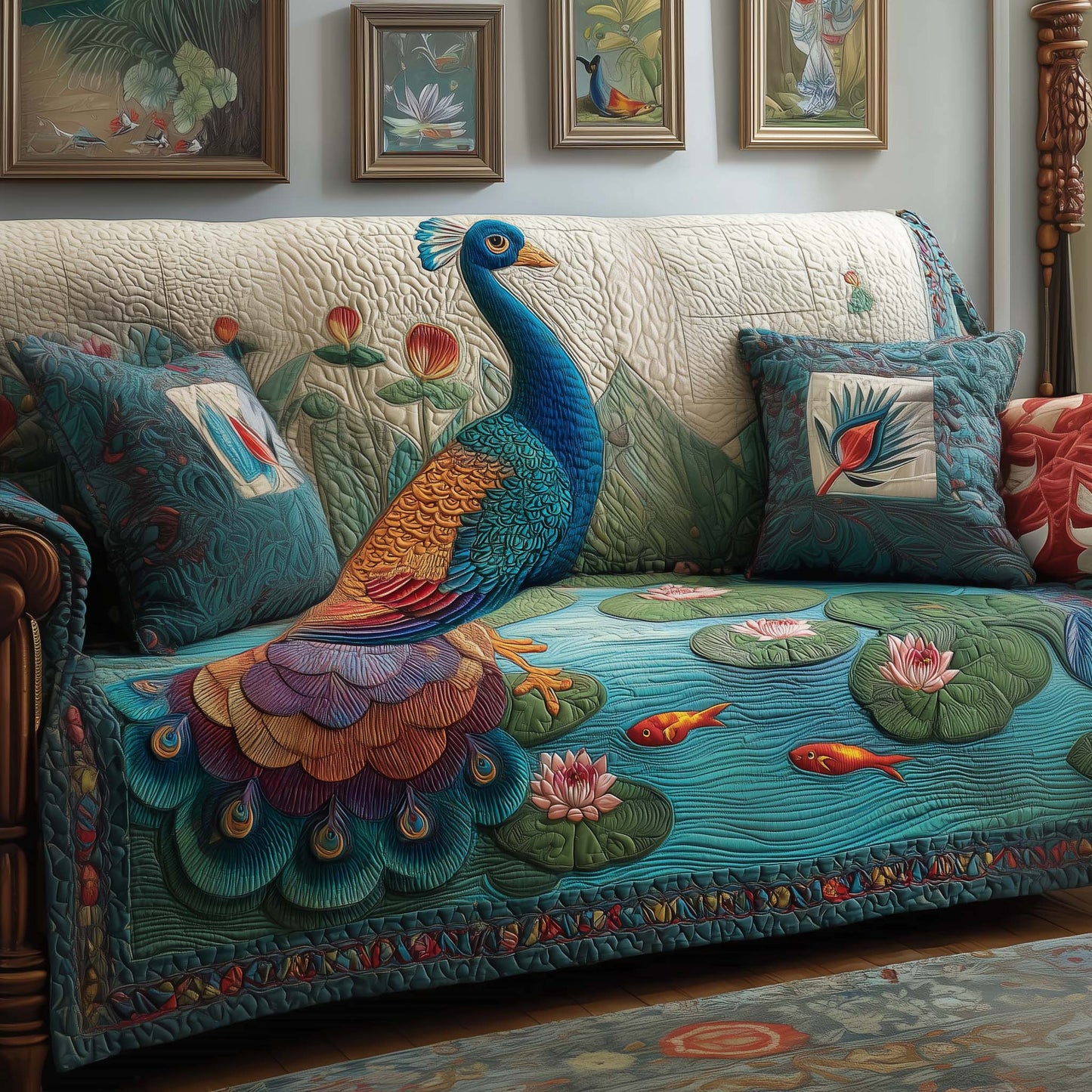Pond Peacock Quilted Sofa Cover GFTOQM1616