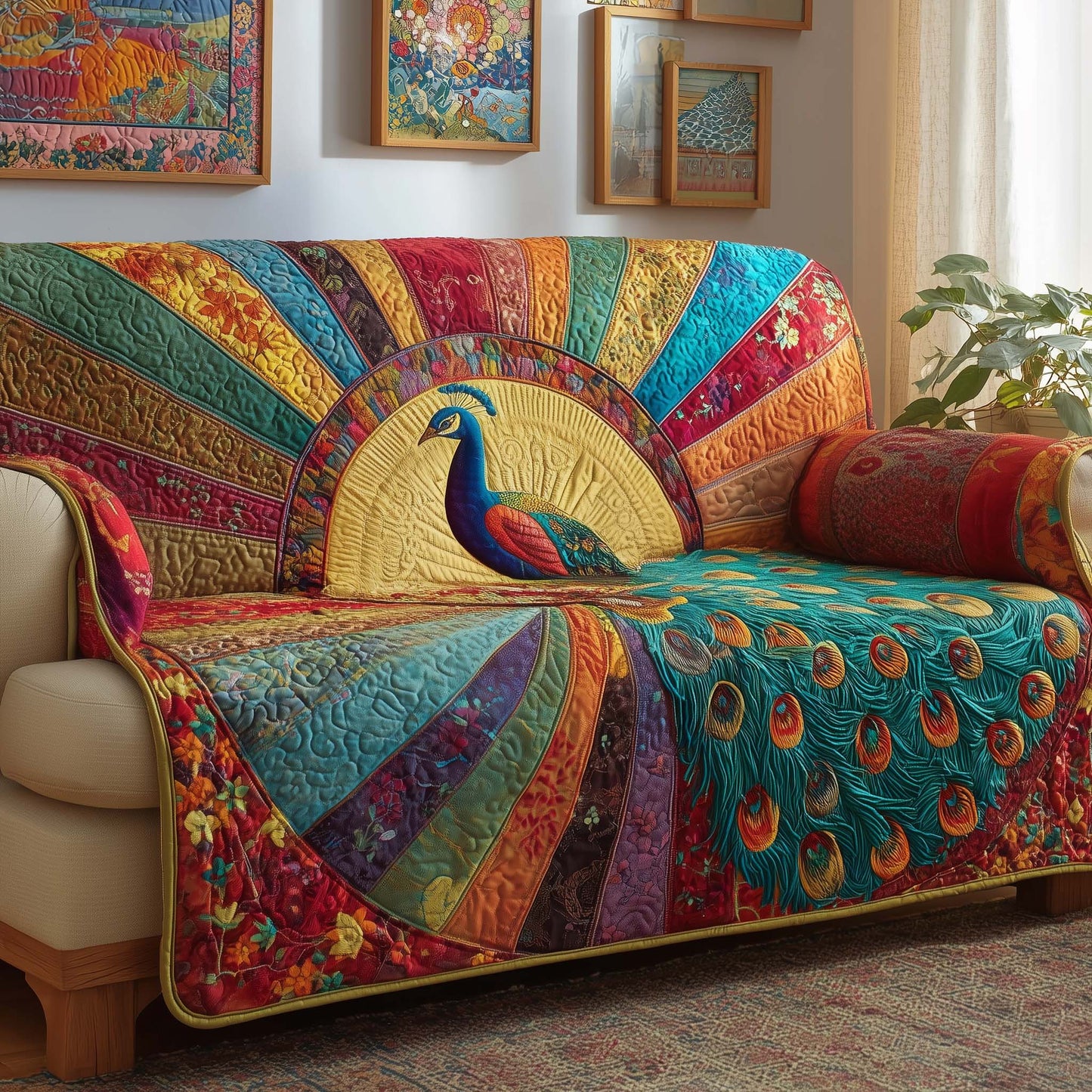 Sunrise Peacock Quilted Sofa Cover GFTOQM1617
