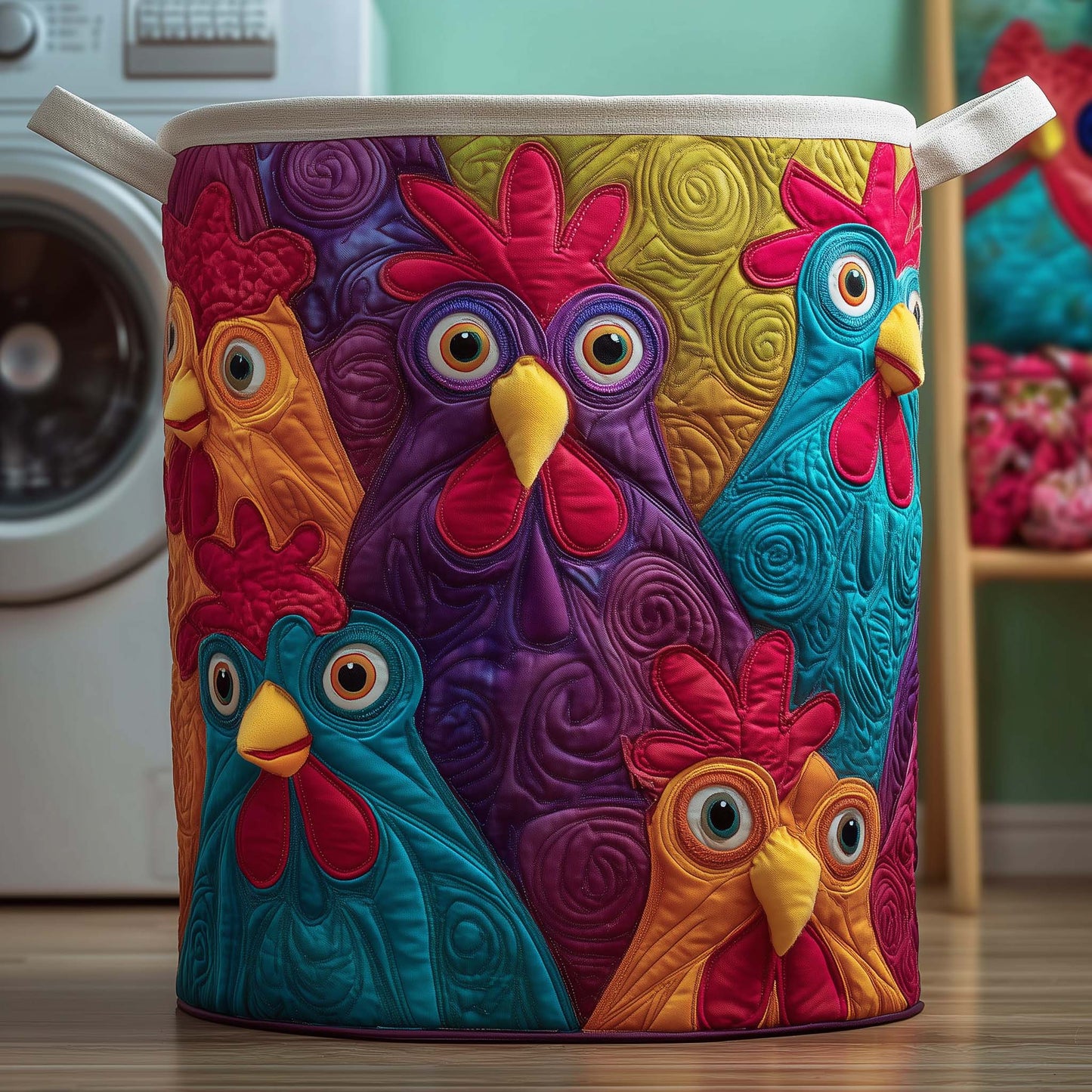 Patchwork Chickens Quilted Laundry Basket GFTOQM1911
