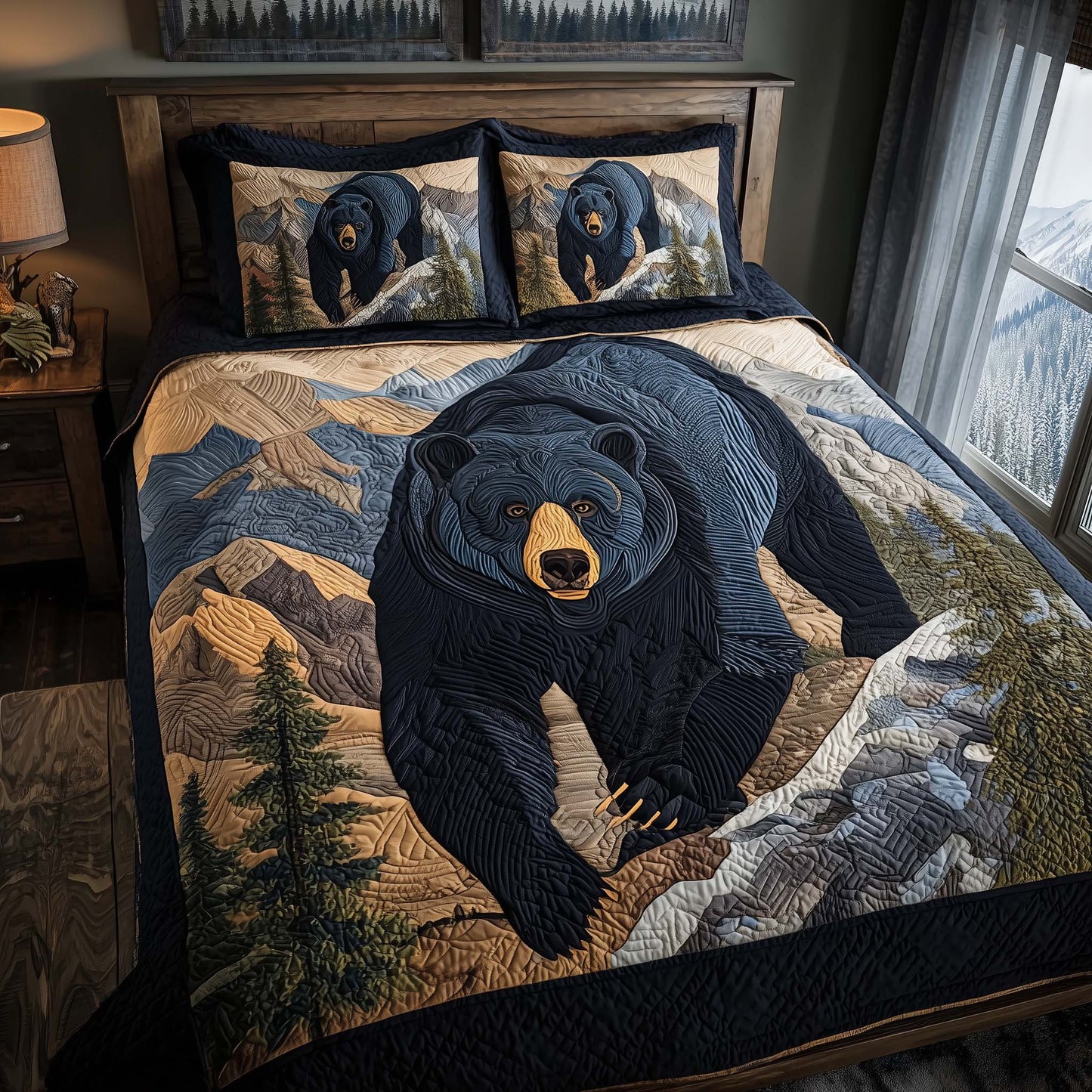 Mountain Bear 3-Piece Quilted Bedding Set GFTOQM1985