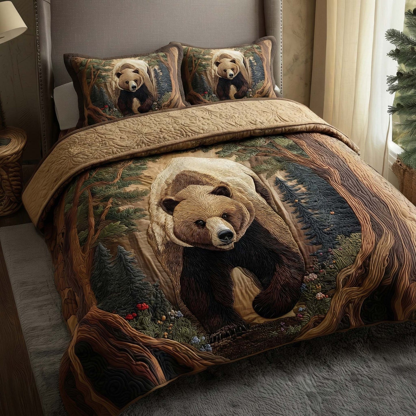 Forest Bear 3-Piece Quilted Bedding Set GFTOQM1989
