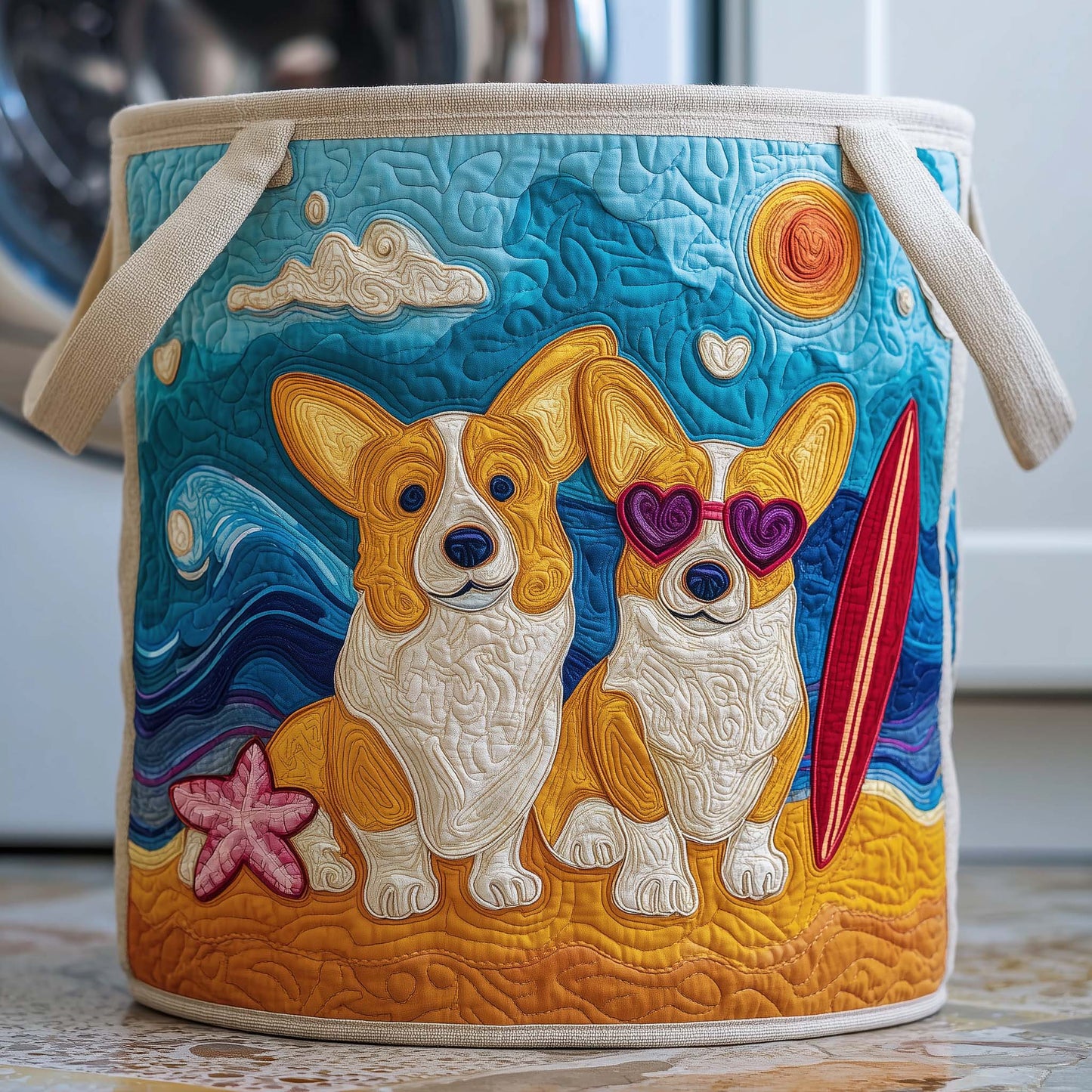 Beach Corgis Quilted Laundry Basket GFTOQM2025