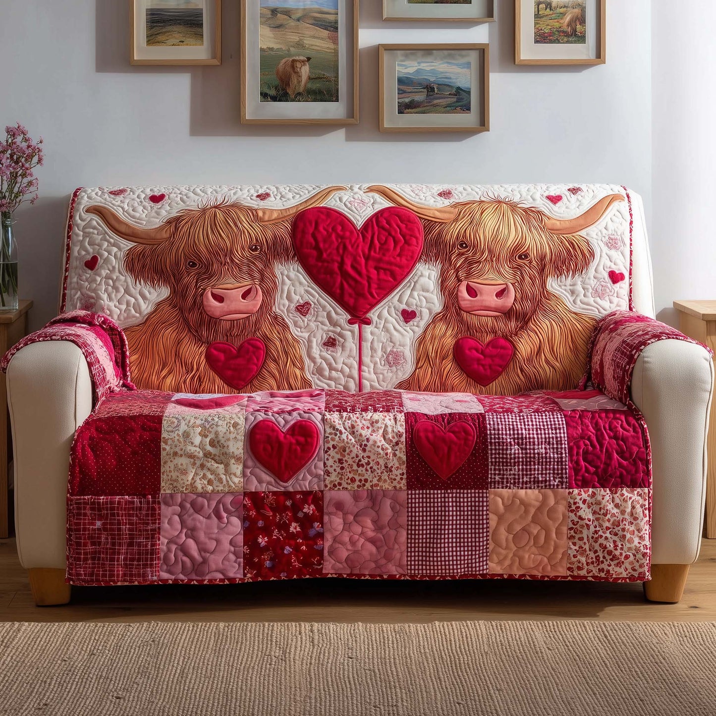 Heart Cows Quilted Sofa Cover GFTOQM2029
