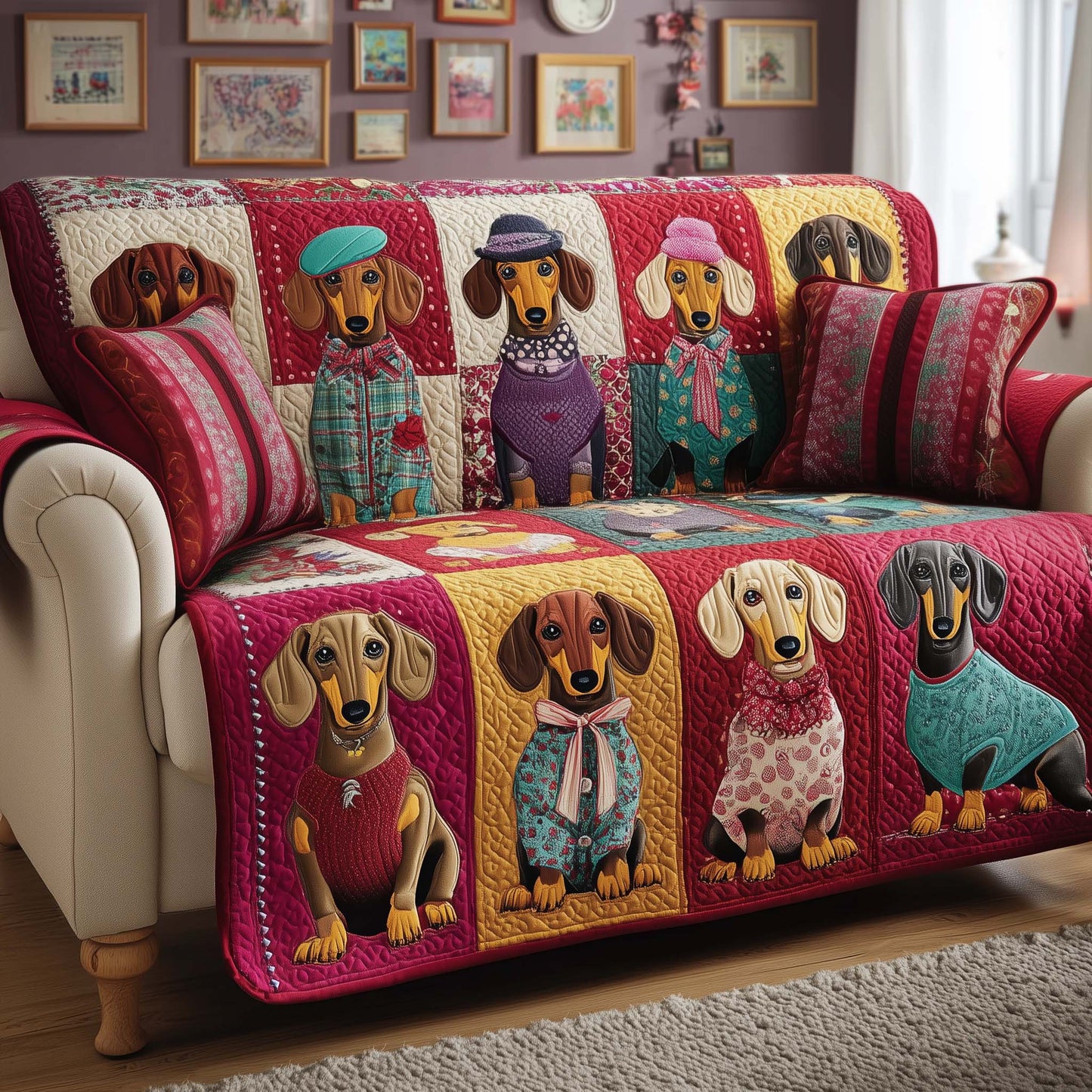 Patchwork Dachshund Quilted Sofa Cover GFTOQM2039