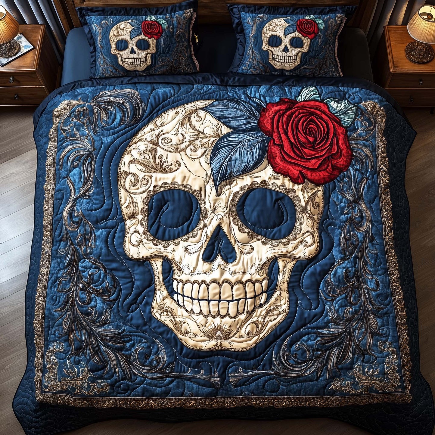 Rose Skull 3-Piece Quilted Bedding Set GFTOQM2128