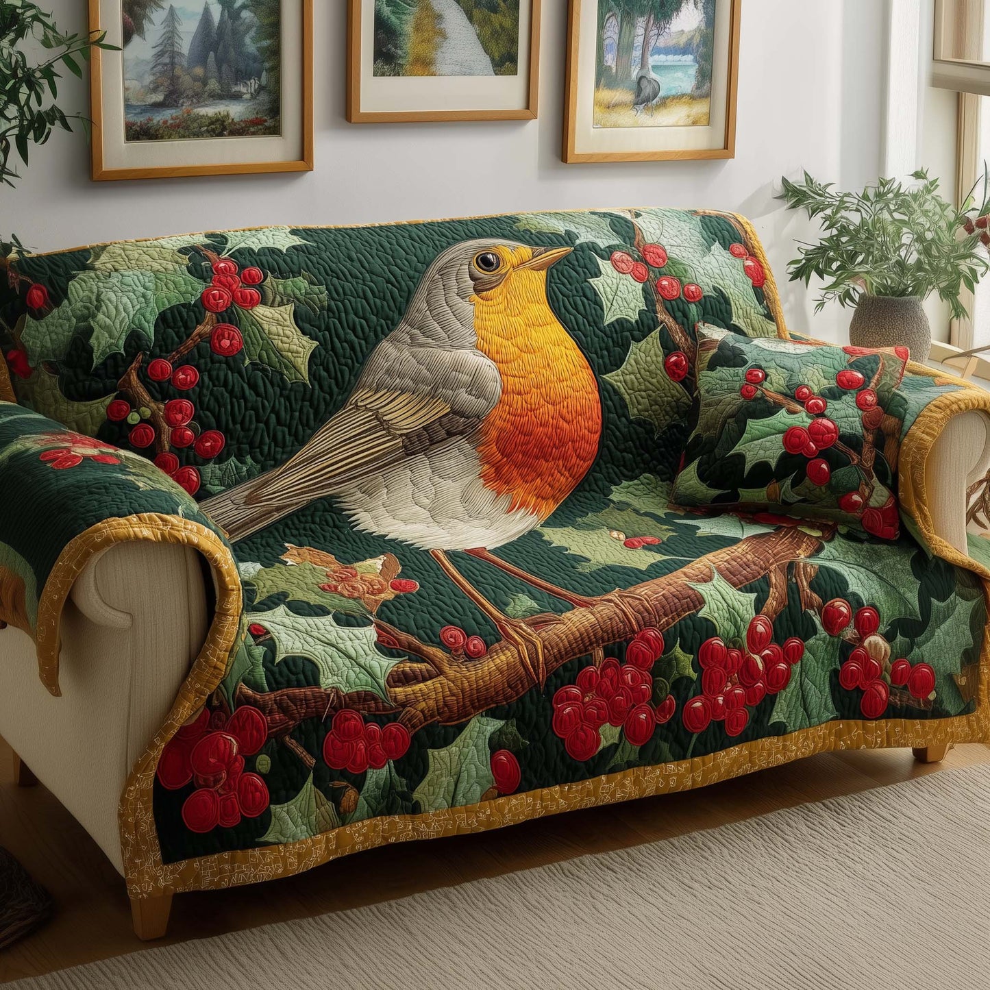 Holly Robin Quilted Sofa Cover GFTOQM2131