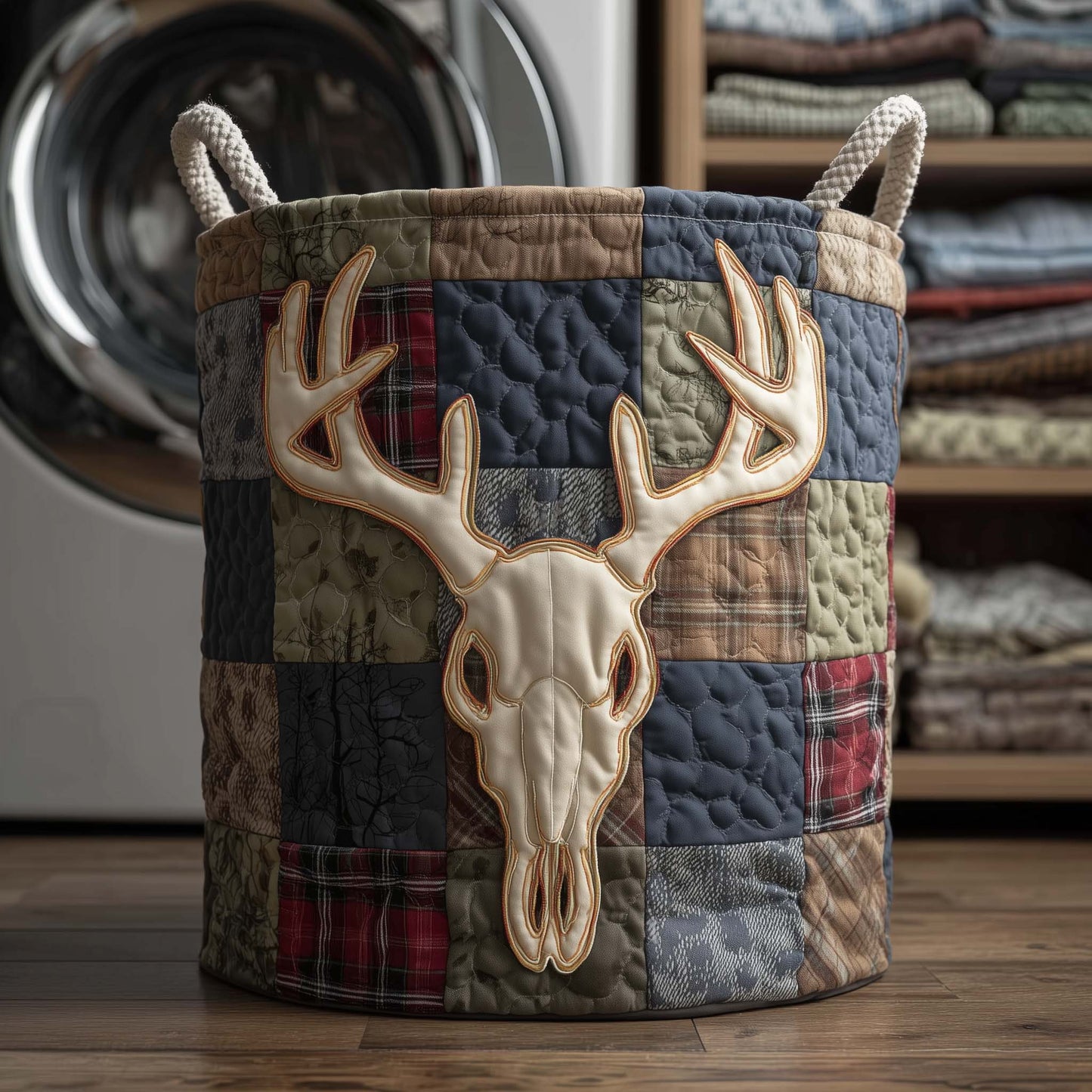 Patchwork Deer Quilted Laundry Basket GFTOQM2171