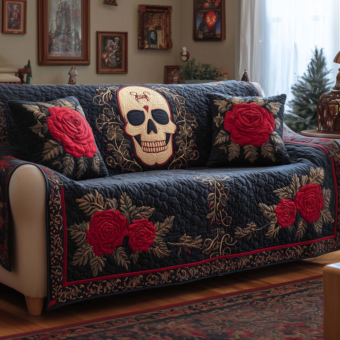 Crimson Skull Quilted Sofa Cover GFTOQM2217
