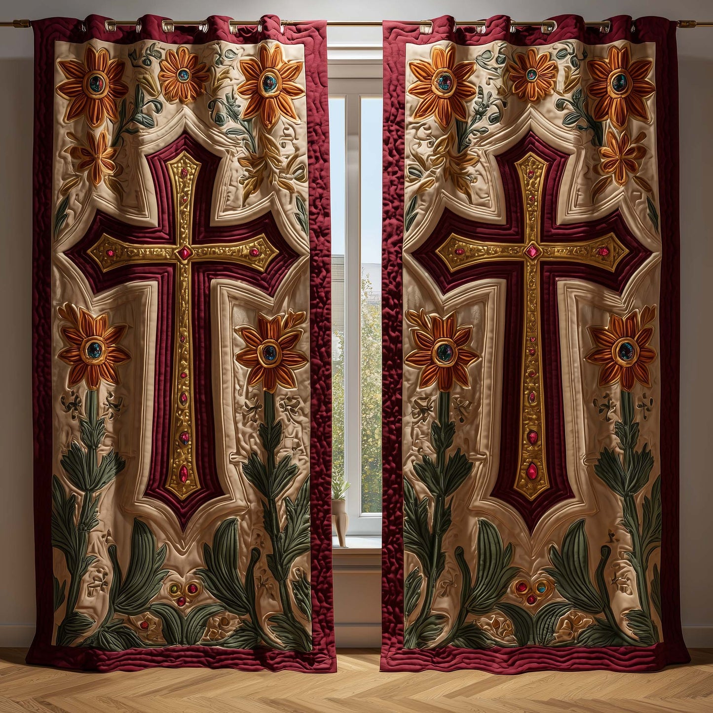 Crimson Cross Quilted Curtains GFTOQM2255