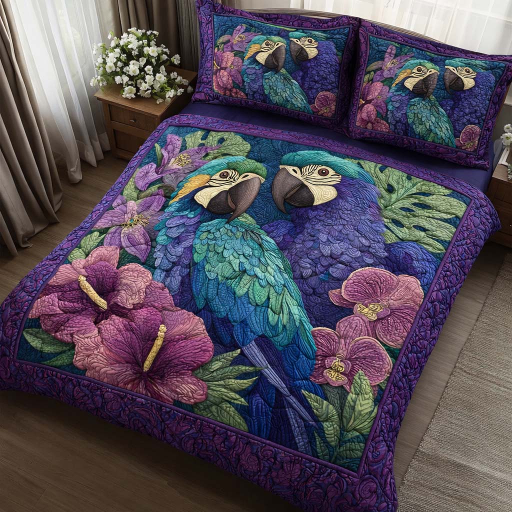 Orchid Parrots 3-Piece Quilted Bedding Set GFTOQM2264