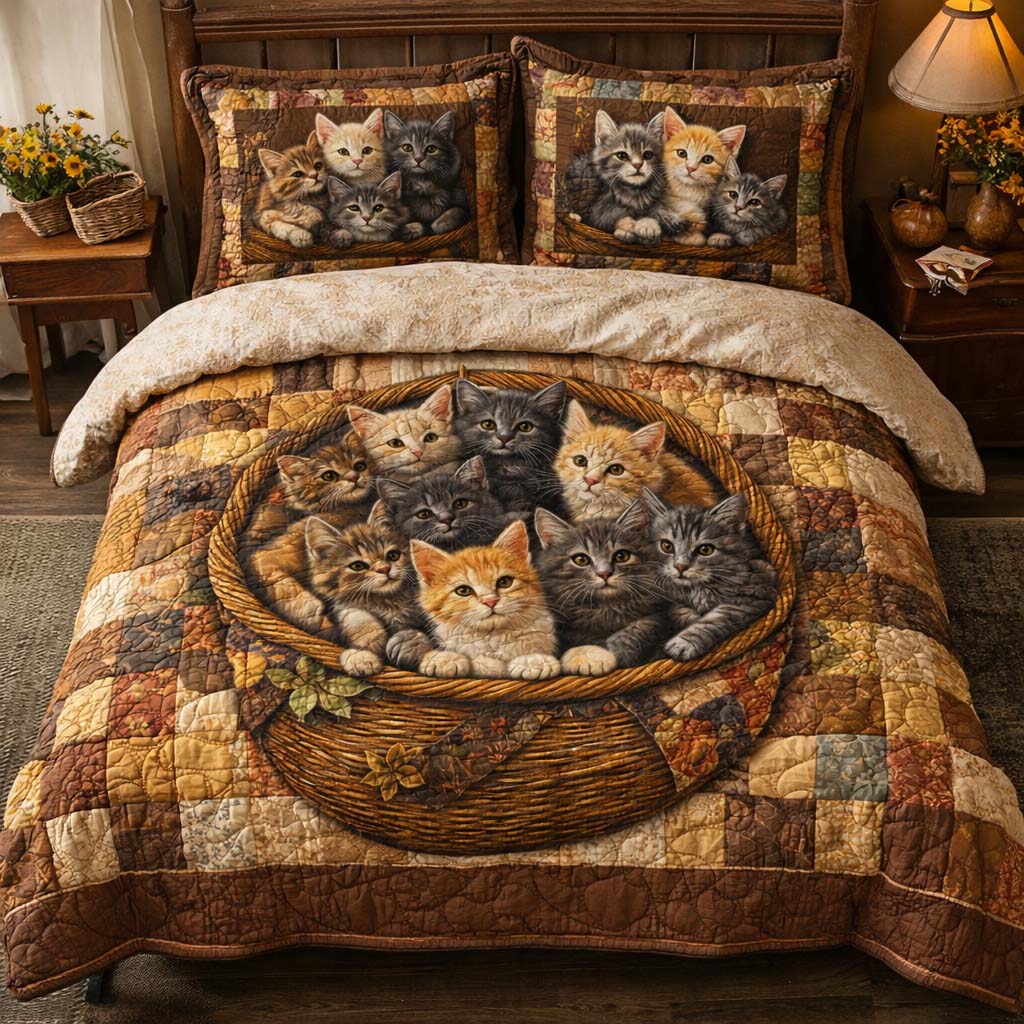 Basket Kittens 3-Piece Quilted Bedding Set GFTOQM2605
