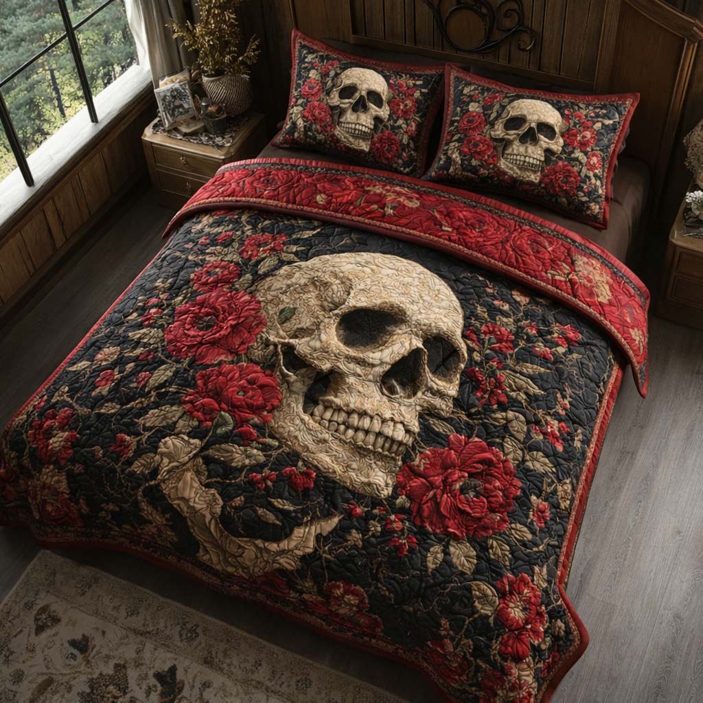 Rosethorn Skull 3-Piece Quilted Bedding Set GFTOQM2640
