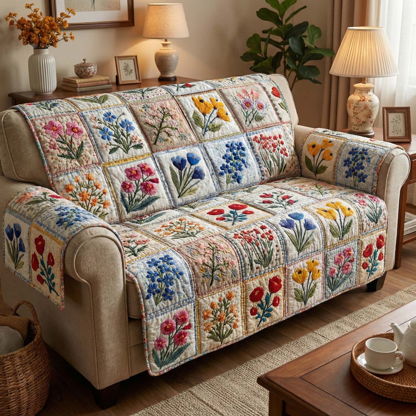 Meadow Bloom Quilted Sofa Cover GFTOQM2729