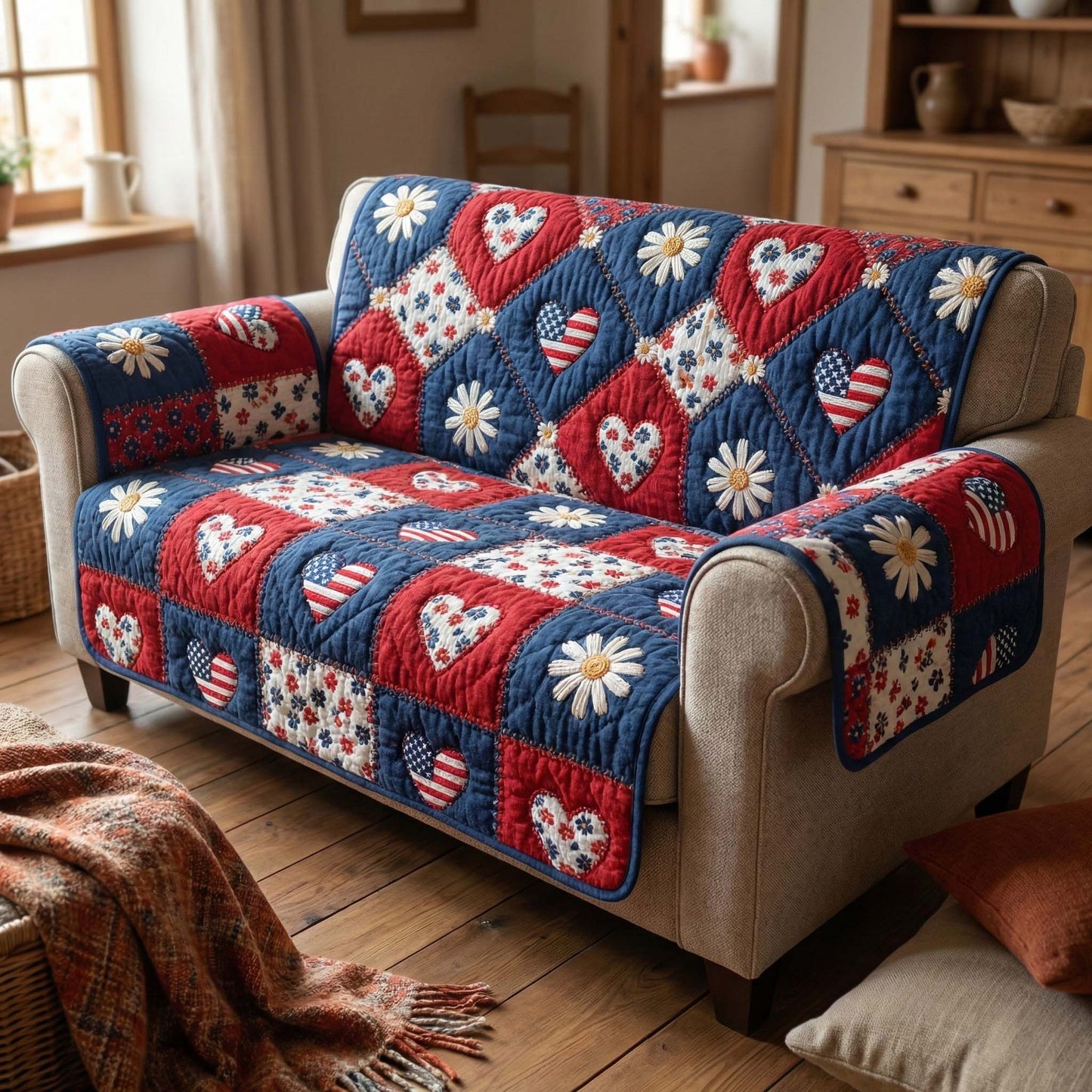 Americana Hearts Quilted Sofa Cover GFTOQM2885