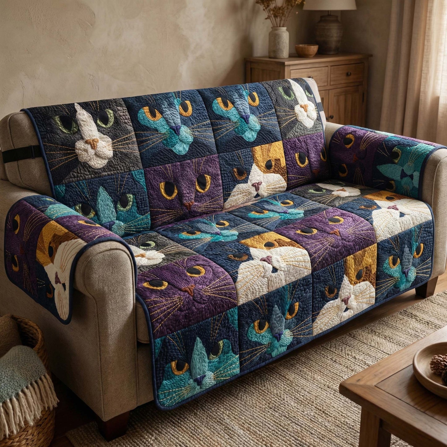 Midnight Cats Quilted Sofa Cover GFTOQM2928