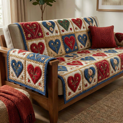 Folk Hearts Quilted Sofa Cover GFTOQM2933