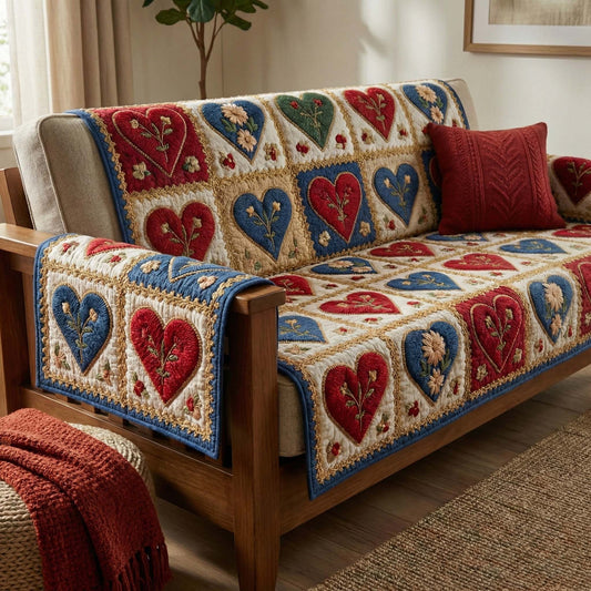 Folk Hearts Quilted Sofa Cover GFTOQM2933