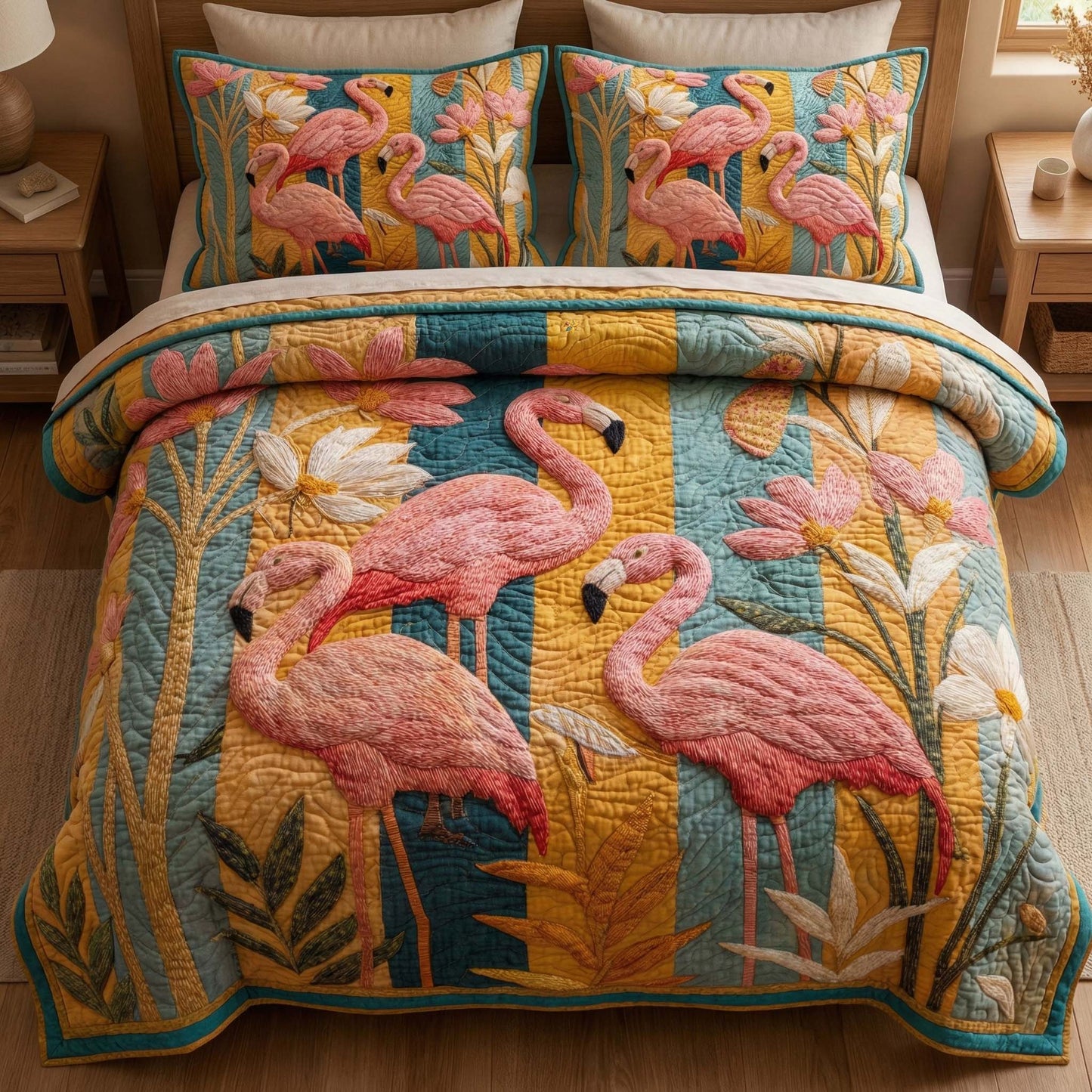 Golden Flamingos 3-Piece Quilted Bedding Set GFTOQM2946