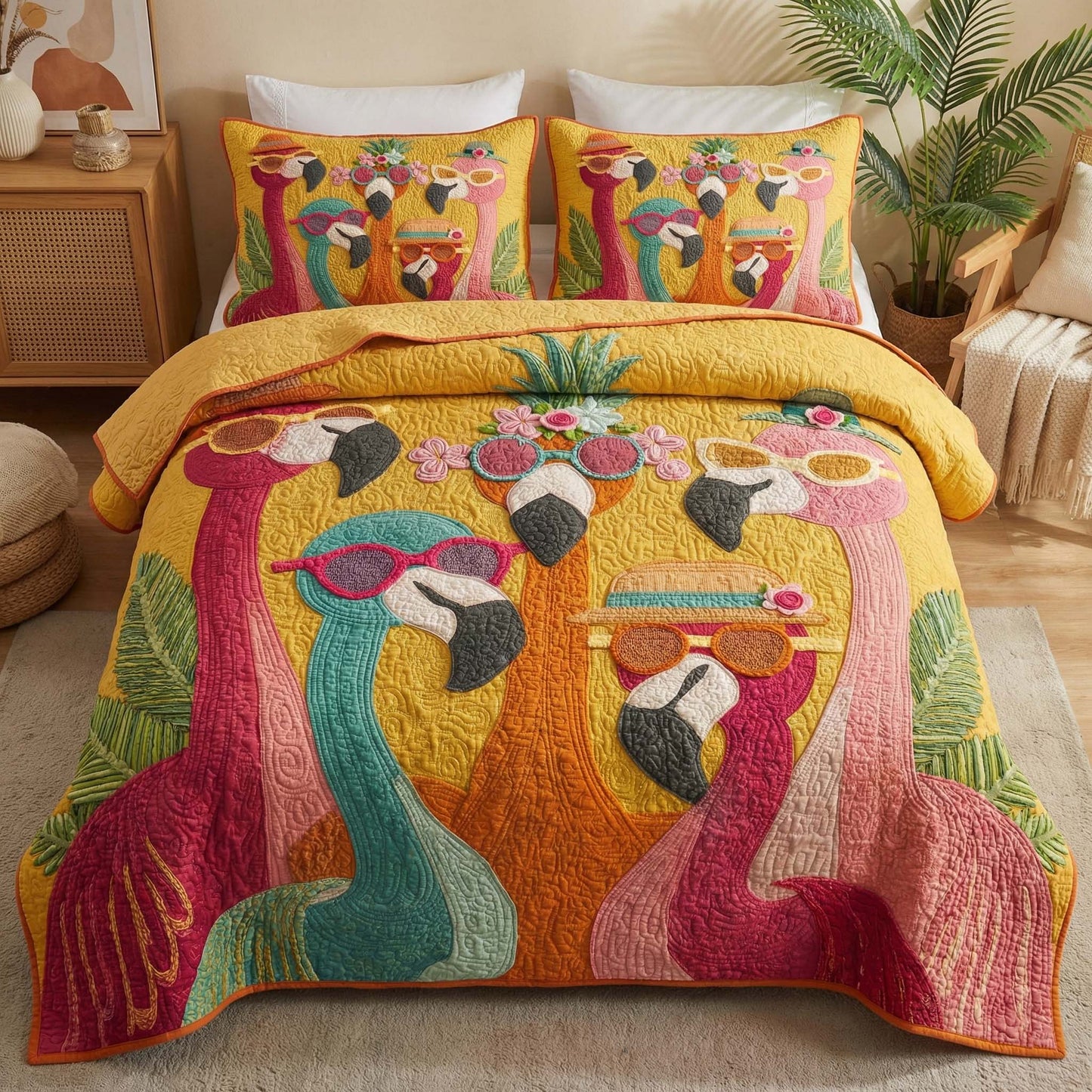 Sunny Flamingos 3-Piece Quilted Bedding Set GFTOQM2948