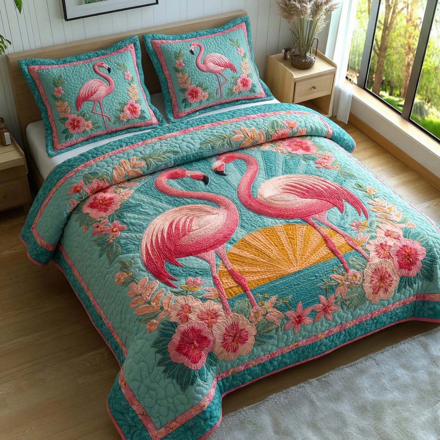 Tropical Flamingos 3-Piece Quilted Bedding Set GFTOQM2949