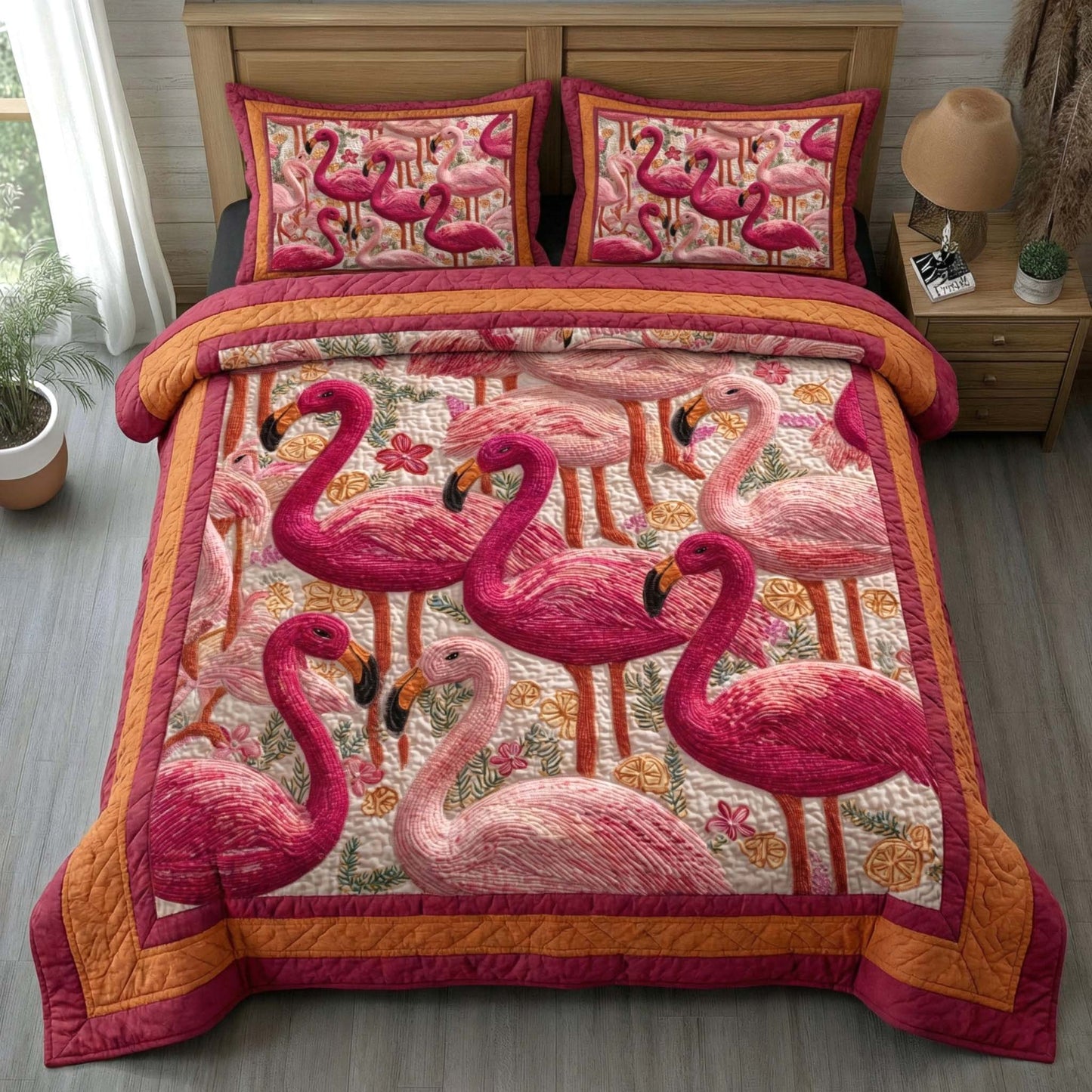 Tropical Flamingos 3-Piece Quilted Bedding Set GFTOQM2950