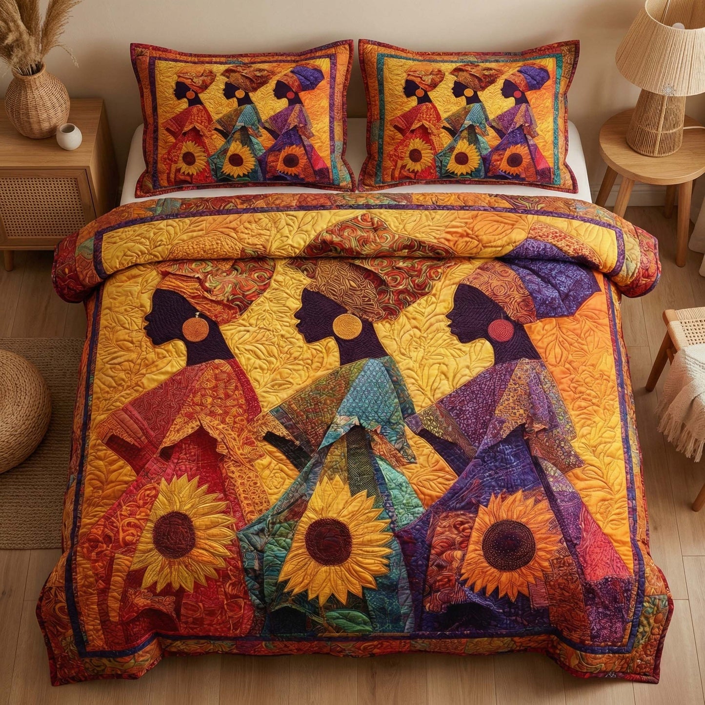 Sunflower Sisters 3-Piece Quilted Bedding Set GFTOQM2952