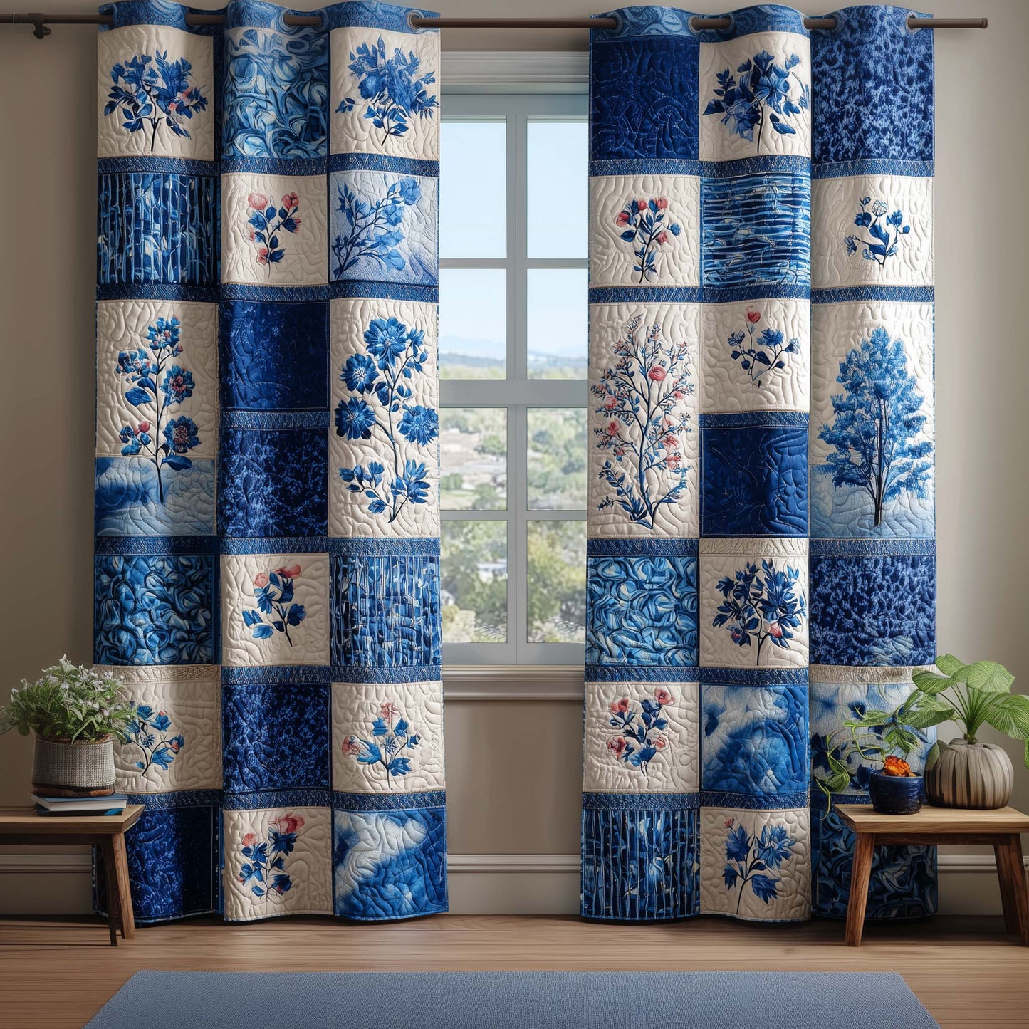 Blue Porcelain Floral Quilted Curtains GFTOQM3262