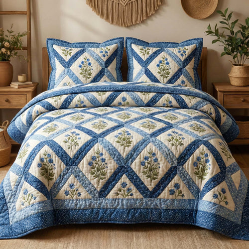 Blue Lattice 3-Piece Quilted Bedding Set GFTOQM3268
