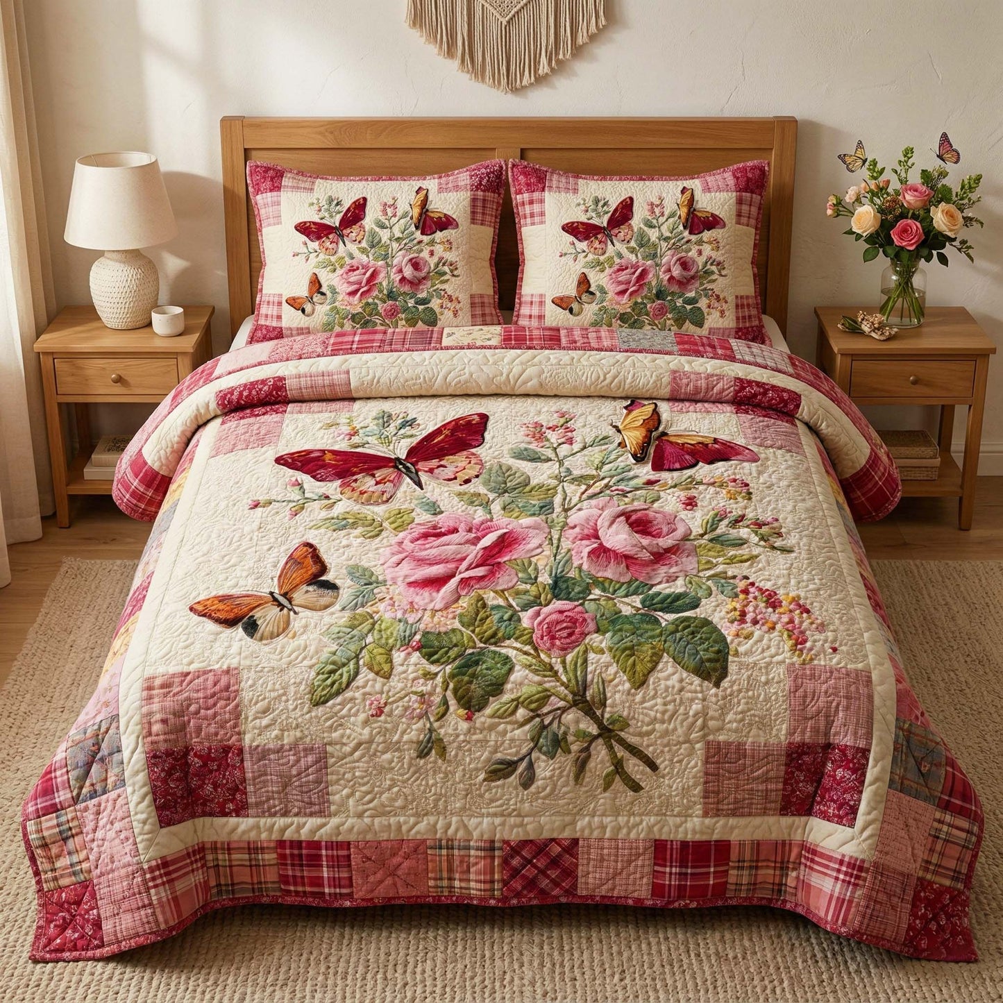 Rose Butterflies 3-Piece Quilted Bedding Set GFTOQM3355