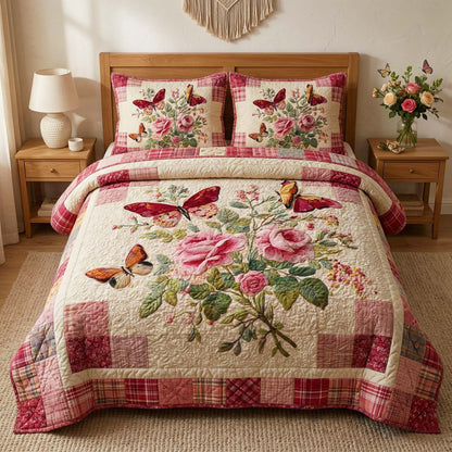 Rose Butterflies 3-Piece Quilted Bedding Set GFTOQM3355