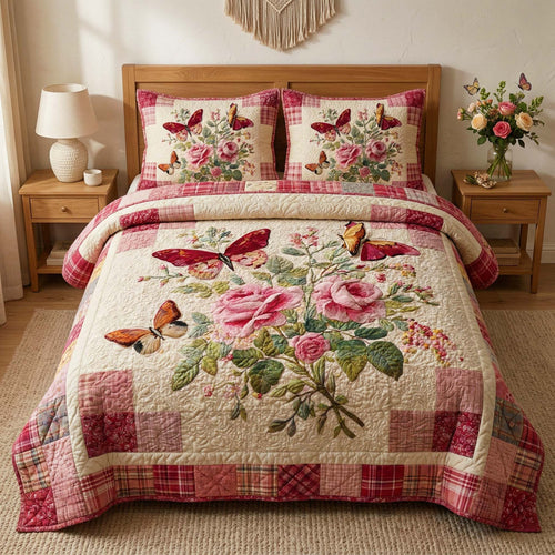 Rose Butterflies 3-Piece Quilted Bedding Set GFTOQM3355