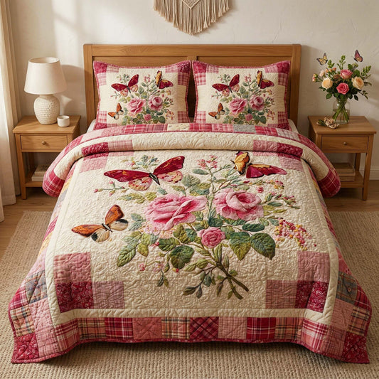 Rose Butterflies 3-Piece Quilted Bedding Set GFTOQM3355