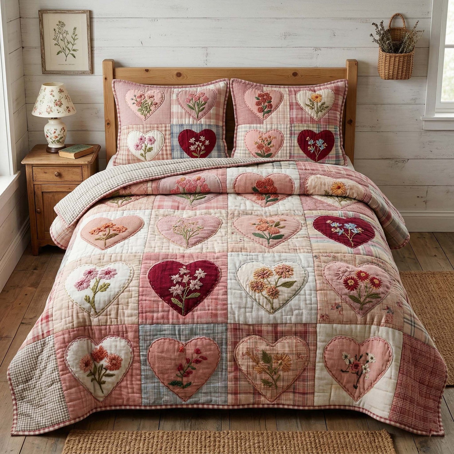 Floral Hearts 3-Piece Quilted Bedding Set GFTOQM3476